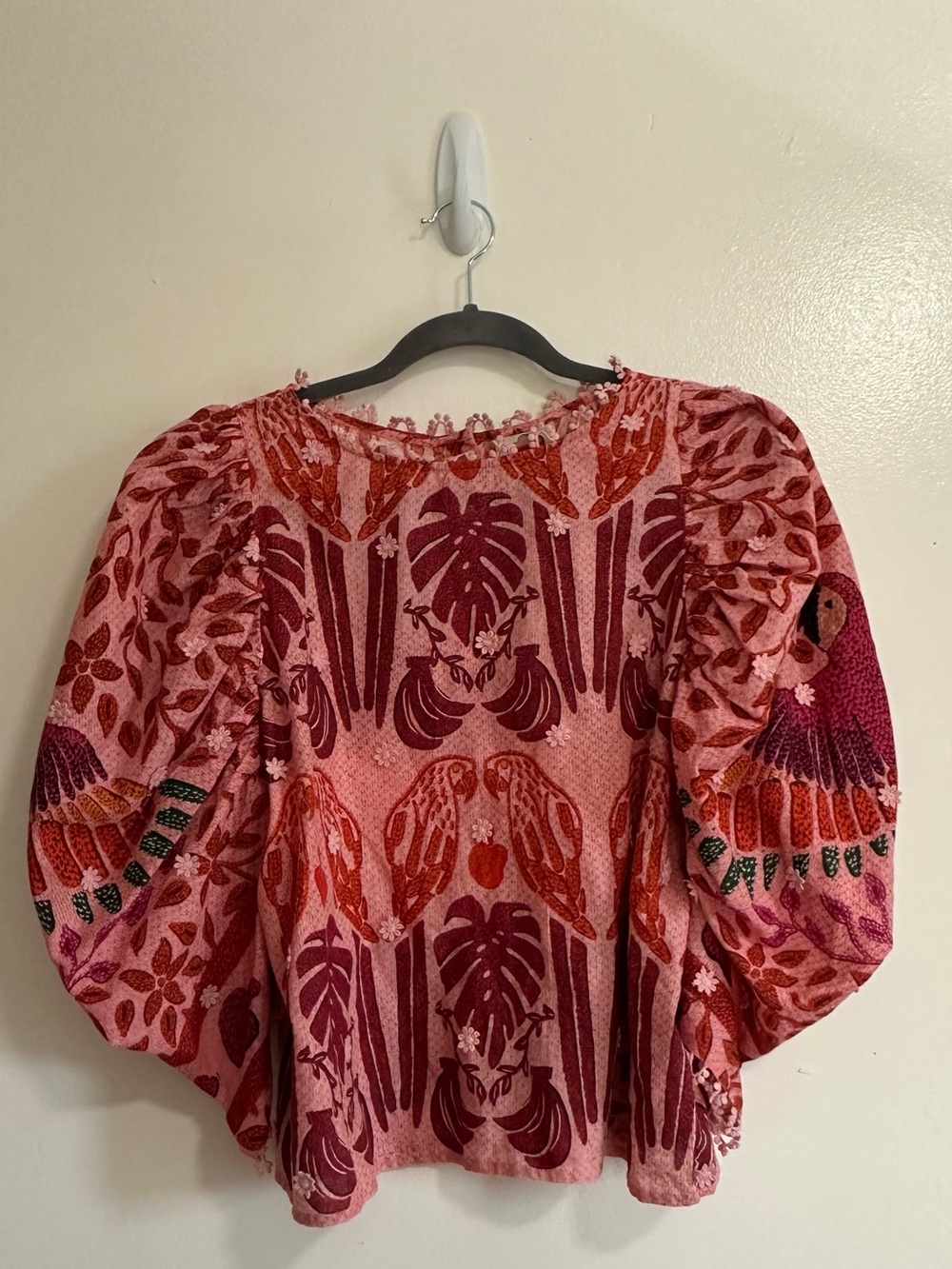 Farm Rio Puff Sleeve Blouse Pink Tropical Floral Print, Size Medium